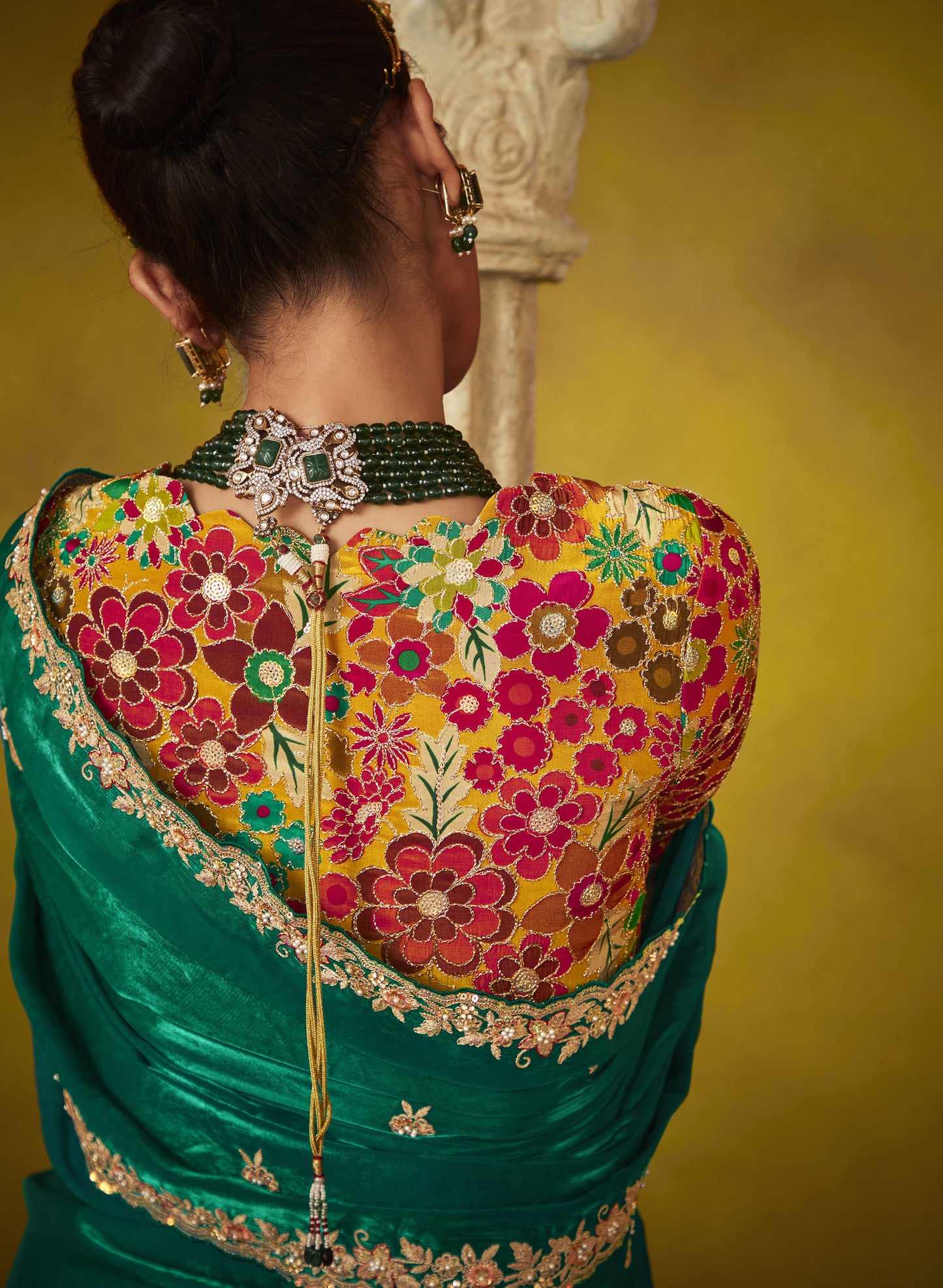 Dark Green Glass Tissue Dhaga & Thread Embroidered Divani Saree