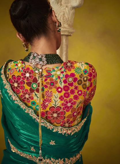 Dark Green Glass Tissue Dhaga & Thread Embroidered Divani Saree