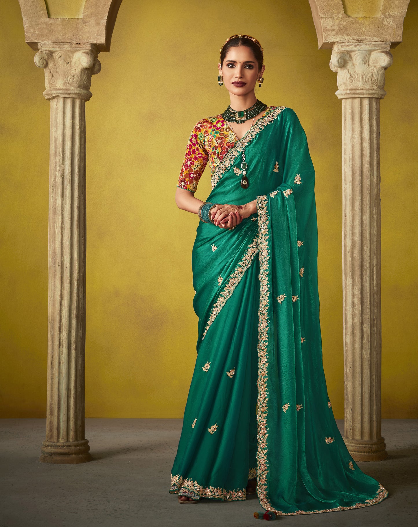 Dark Green Glass Tissue Dhaga & Thread Embroidered Divani Saree