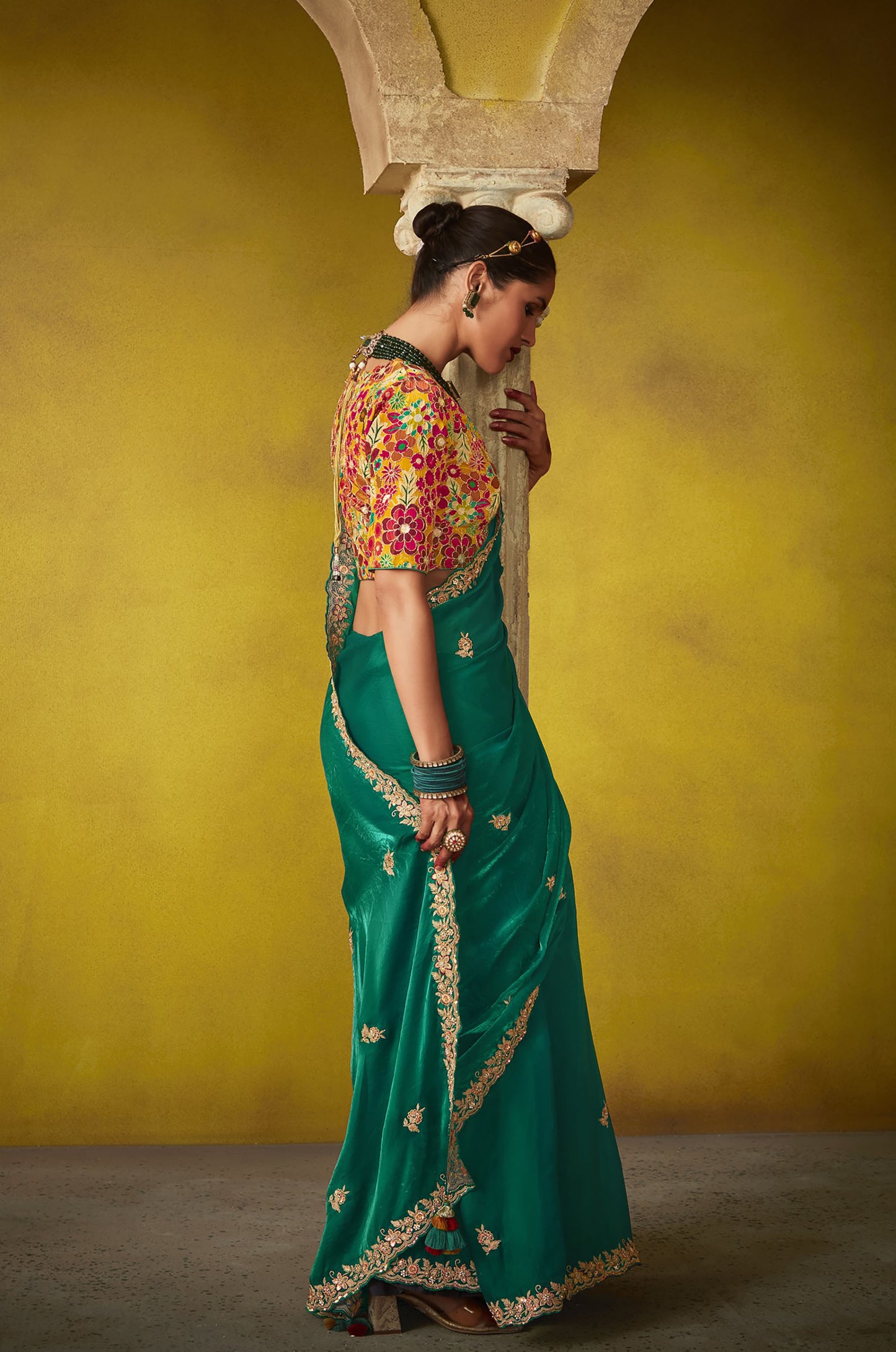 Dark Green Glass Tissue Dhaga & Thread Embroidered Divani Saree
