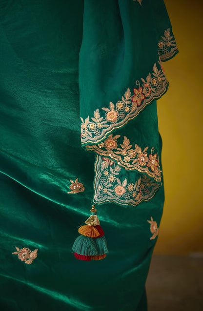 Dark Green Glass Tissue Dhaga & Thread Embroidered Divani Saree
