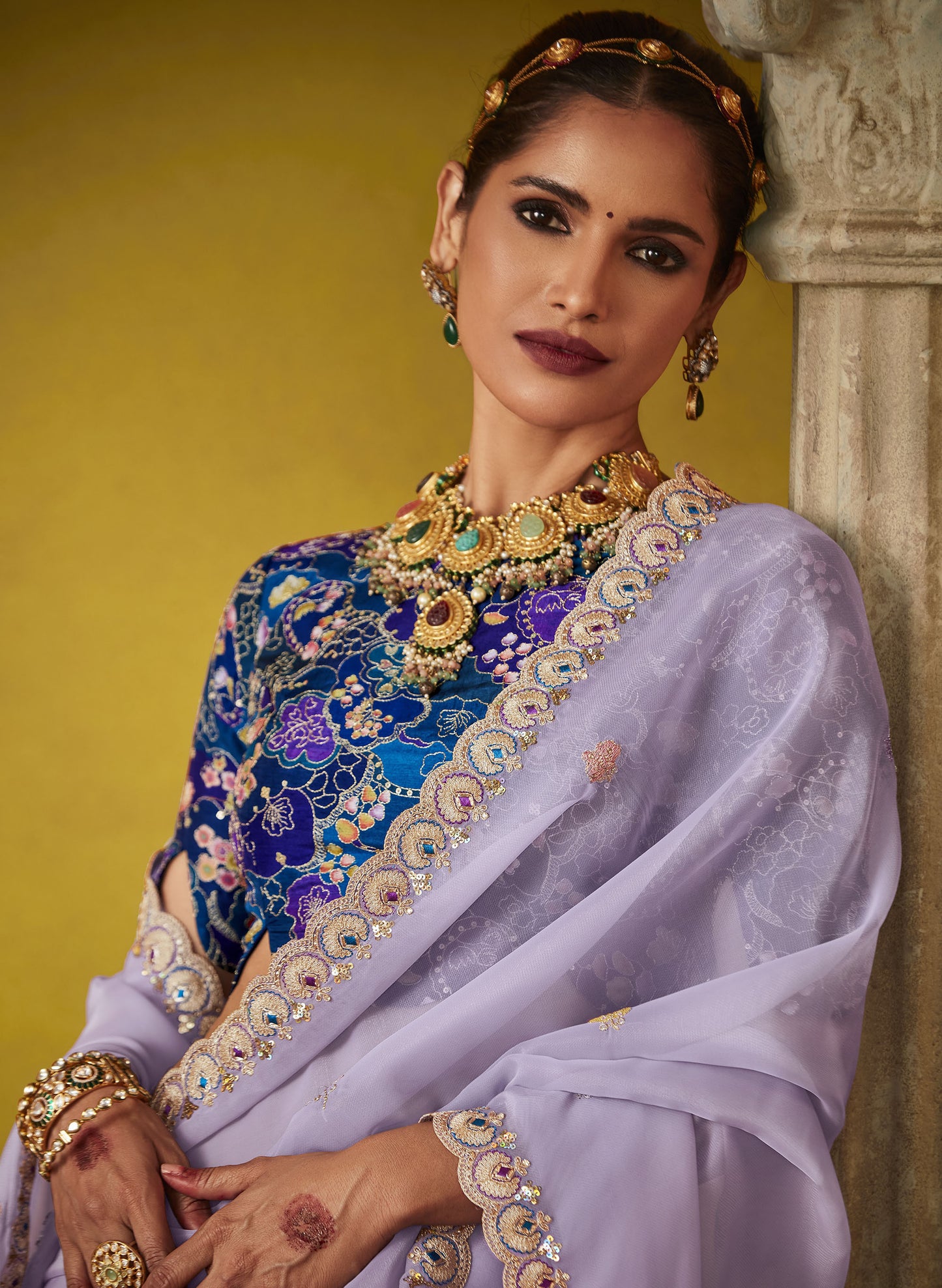 Light Purple Glass Tissue Dhaga & Thread Embroidered Divani Saree