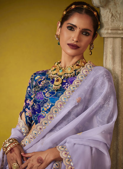 Light Purple Glass Tissue Dhaga & Thread Embroidered Divani Saree