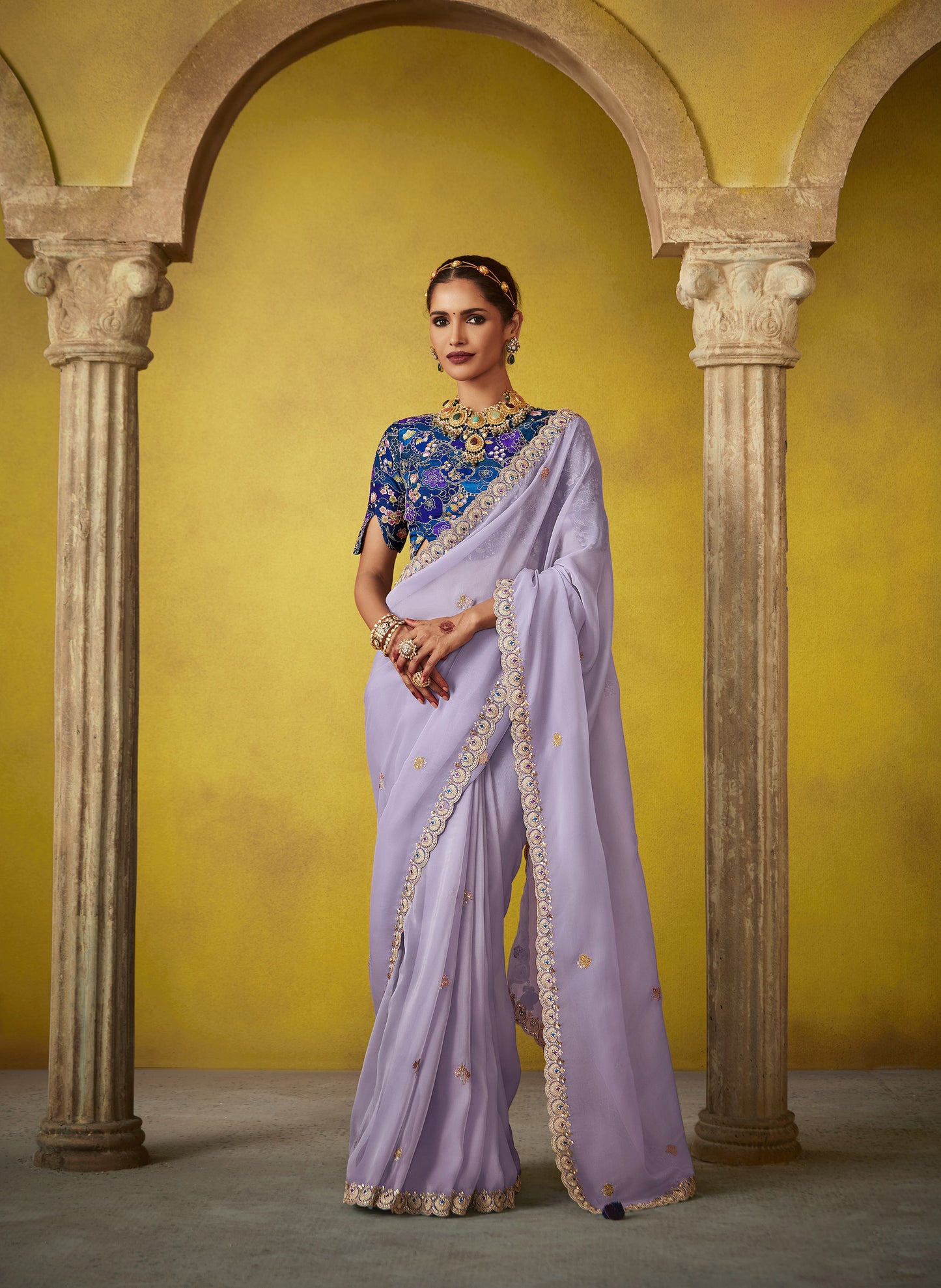Light Purple Glass Tissue Dhaga & Thread Embroidered Divani Saree