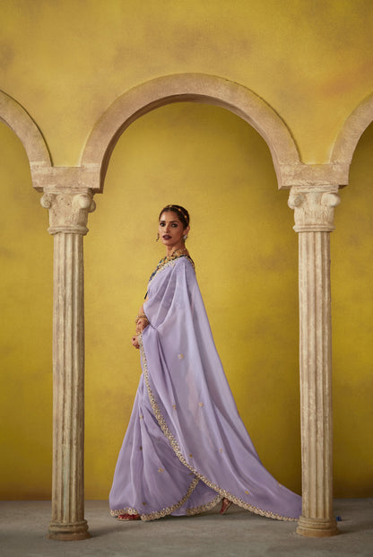 Light Purple Glass Tissue Dhaga & Thread Embroidered Divani Saree