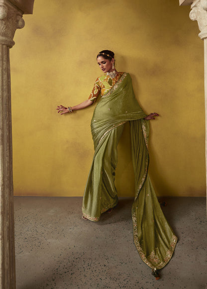 Mehendi Green Glass Tissue Dhaga & Thread Embroidered Divani Saree