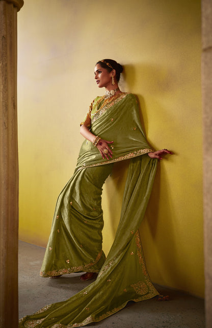 Mehendi Green Glass Tissue Dhaga & Thread Embroidered Divani Saree
