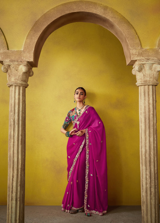 Royal Pink Glass Tissue Dhaga & Thread Embroidered Divani Saree