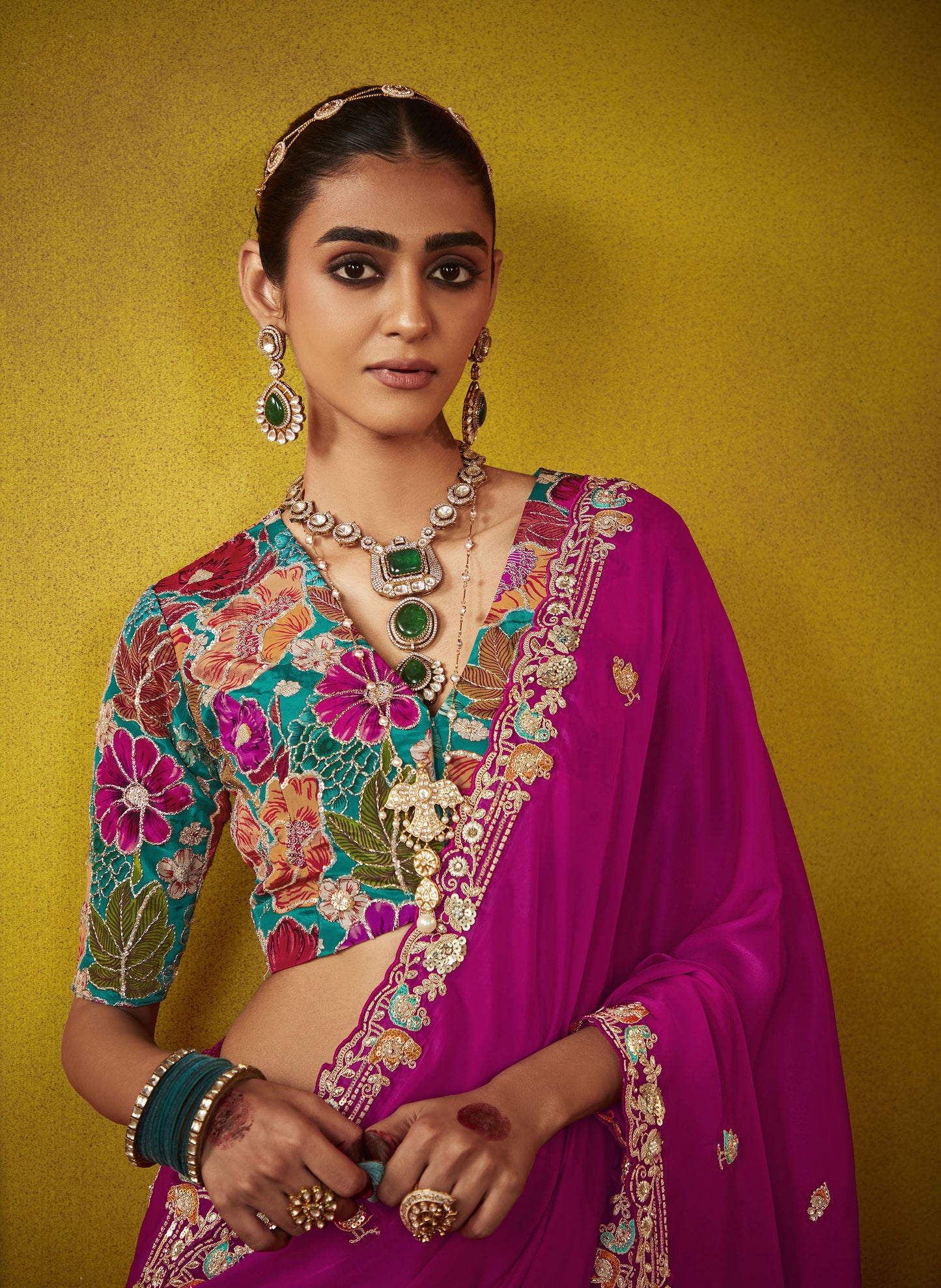 Royal Pink Glass Tissue Dhaga & Thread Embroidered Divani Saree