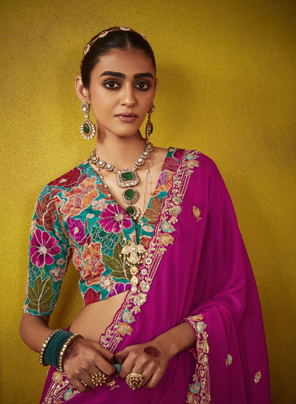 Royal Pink Glass Tissue Dhaga & Thread Embroidered Divani Saree