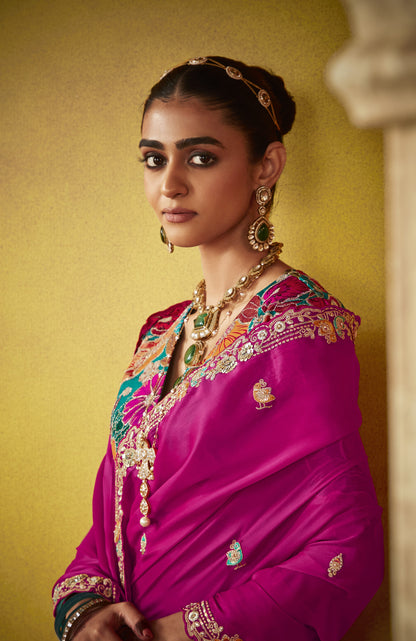 Royal Pink Glass Tissue Dhaga & Thread Embroidered Divani Saree