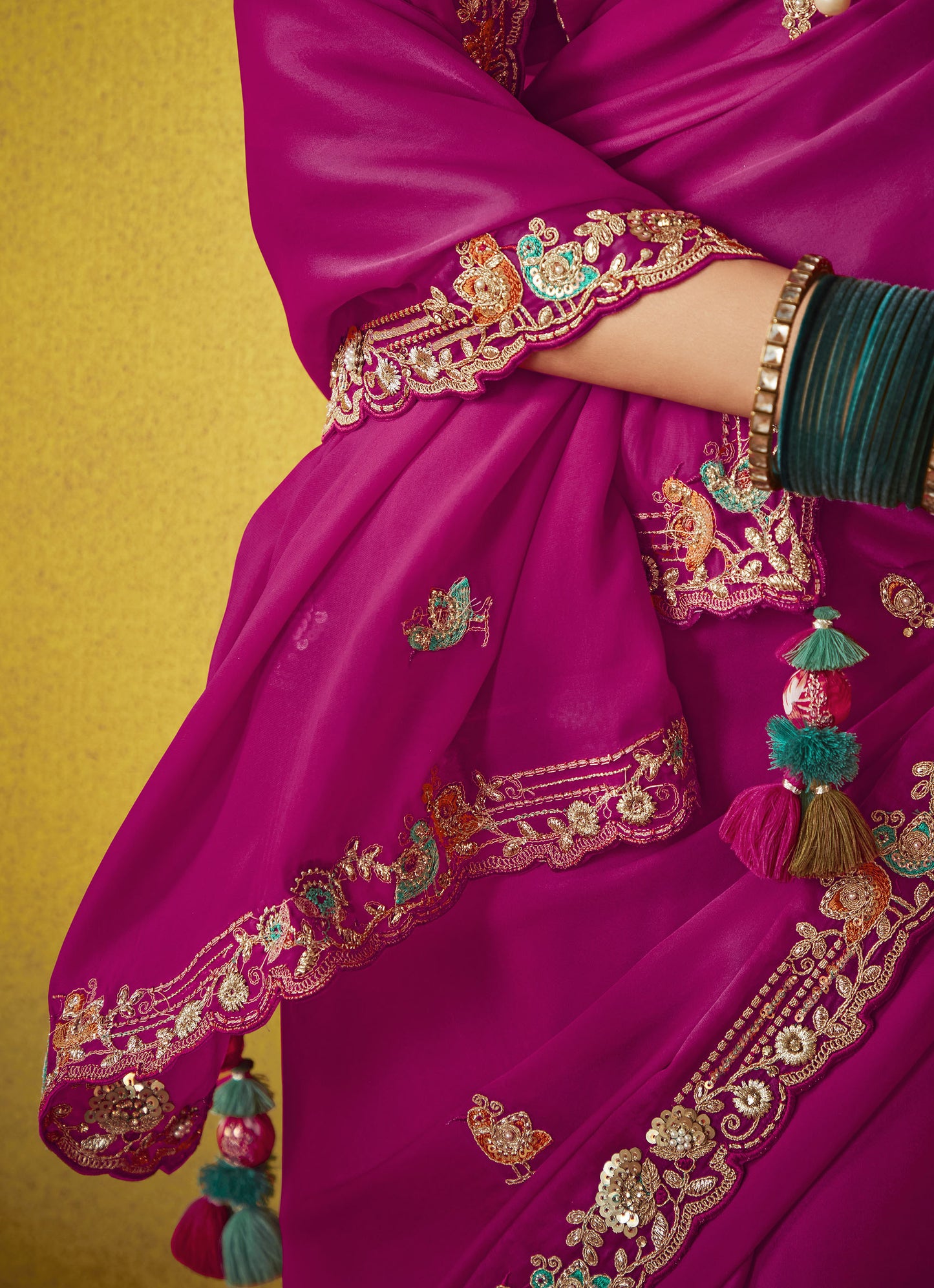 Royal Pink Glass Tissue Dhaga & Thread Embroidered Divani Saree