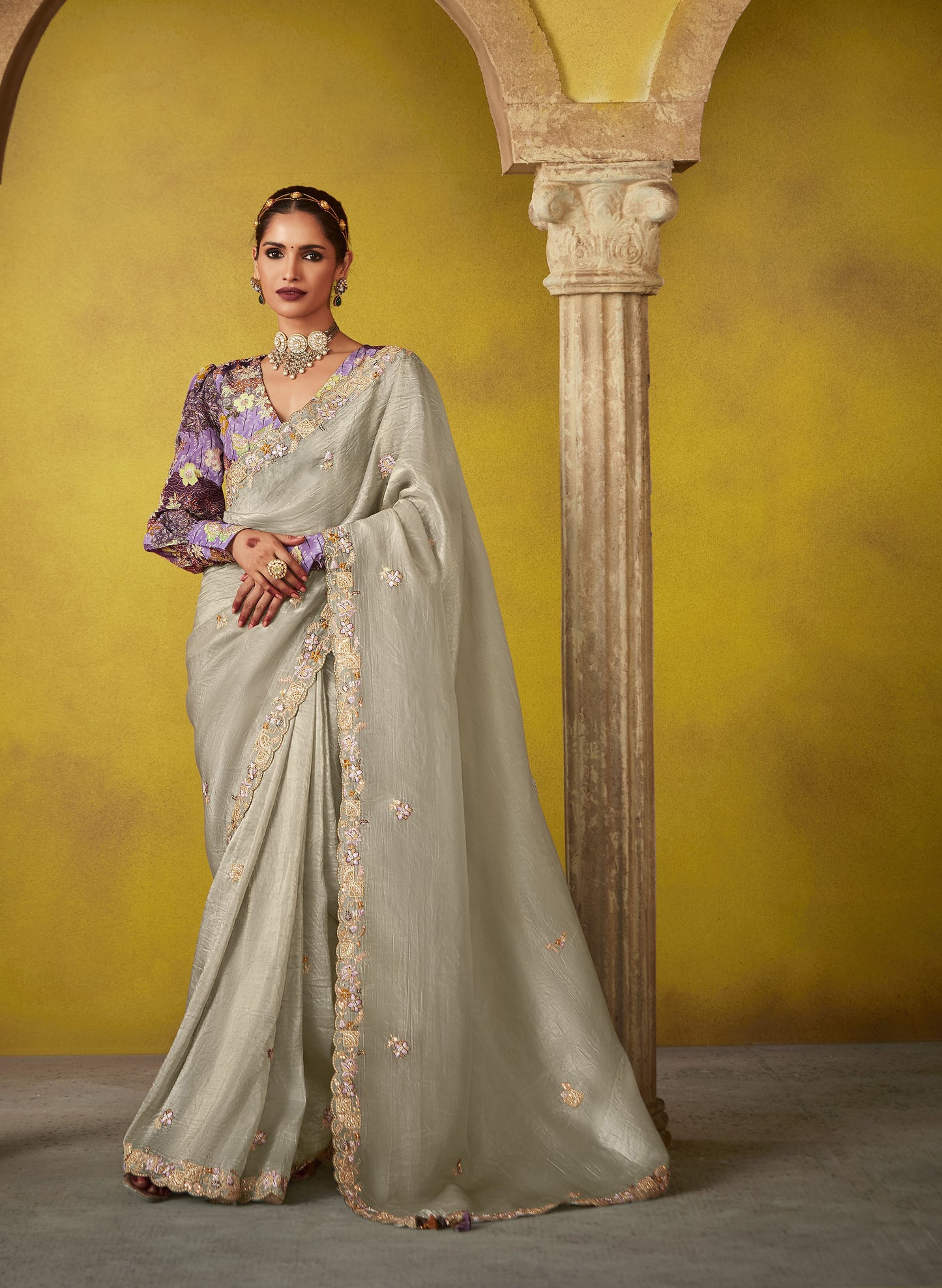 Grey Glass Tissue Dhaga & Thread Embroidered Divani Saree