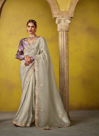 Grey Glass Tissue Dhaga & Thread Embroidered Divani Saree