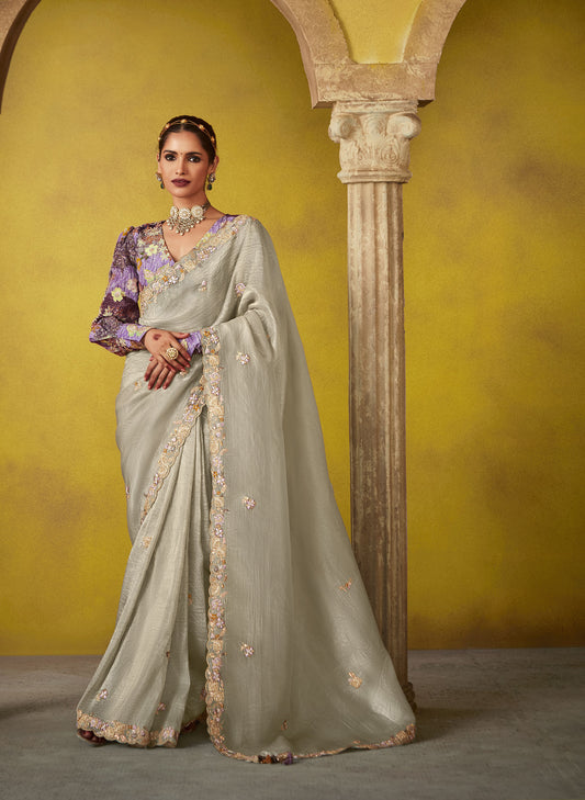 Grey Glass Tissue Dhaga & Thread Embroidered Divani Saree