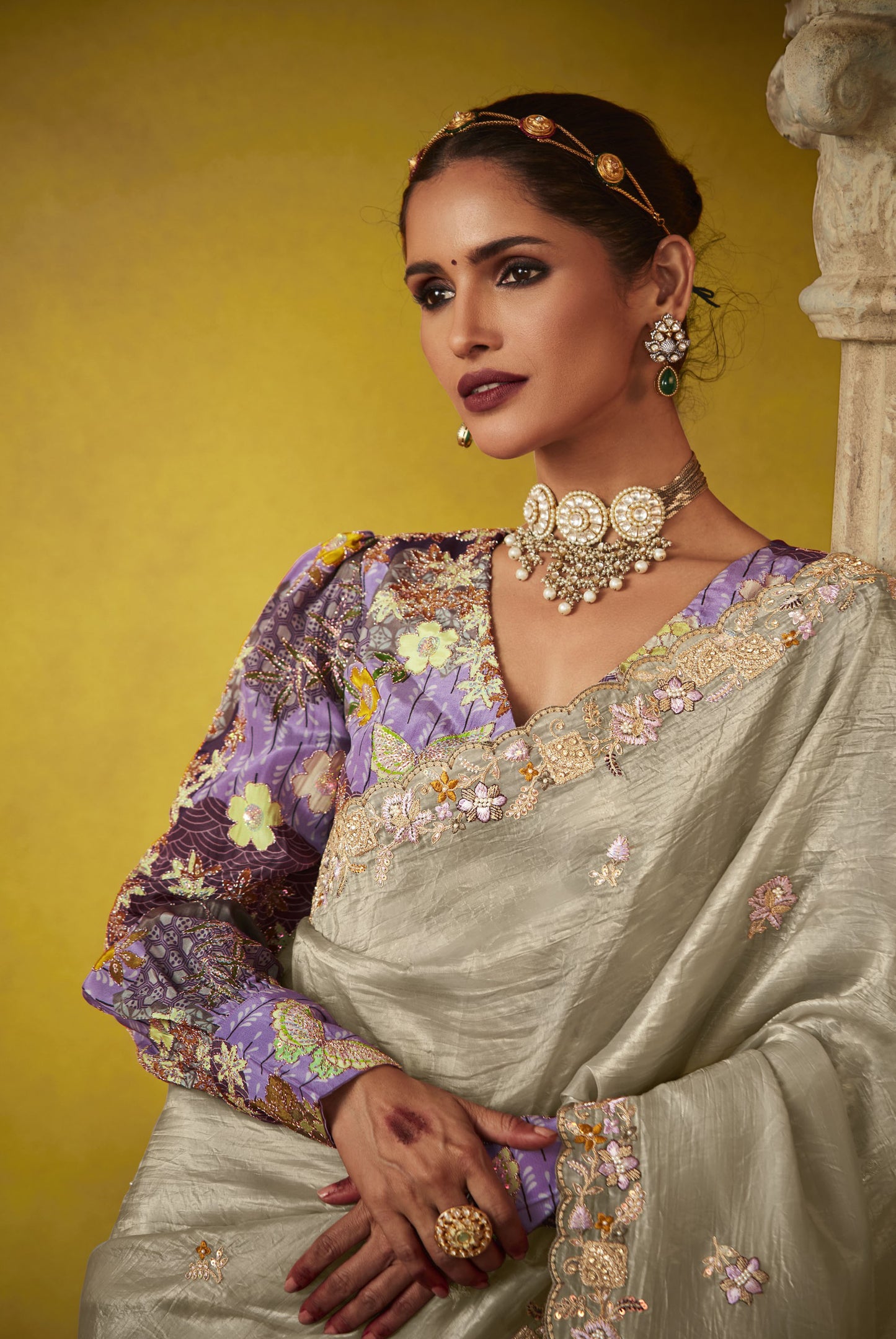 Grey Glass Tissue Dhaga & Thread Embroidered Divani Saree