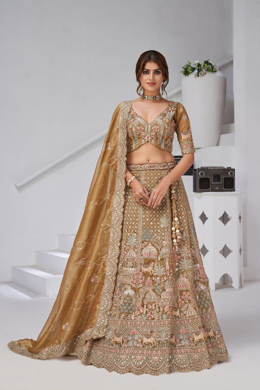 Mehendi Green Organza Zari & Resham Embroidery with Cow Motifs Lehenga for Bride