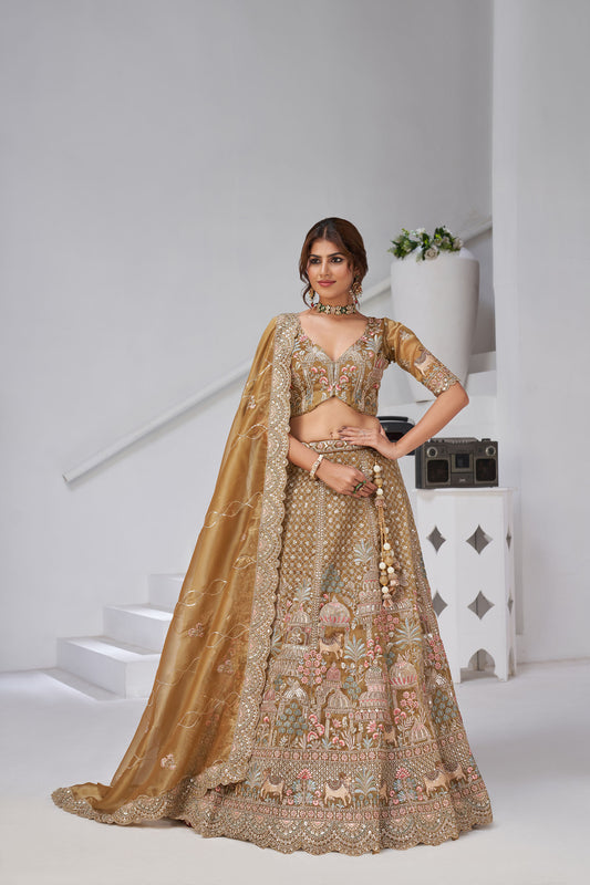 Mehendi Green Organza Zari & Resham Embroidery with Cow Motifs Lehenga for Bride