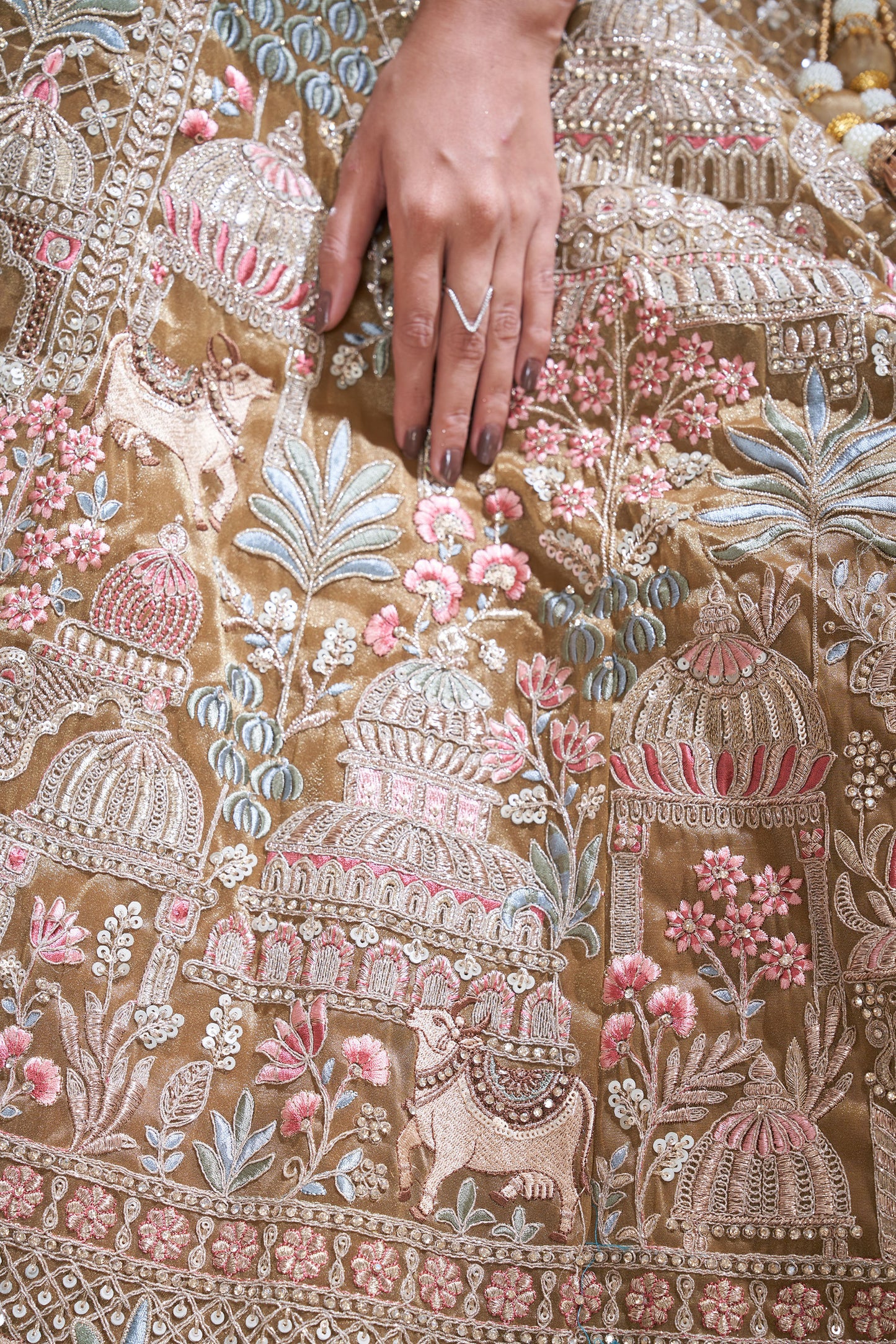 Mehendi Green Organza Zari & Resham Embroidery with Cow Motifs Lehenga for Bride