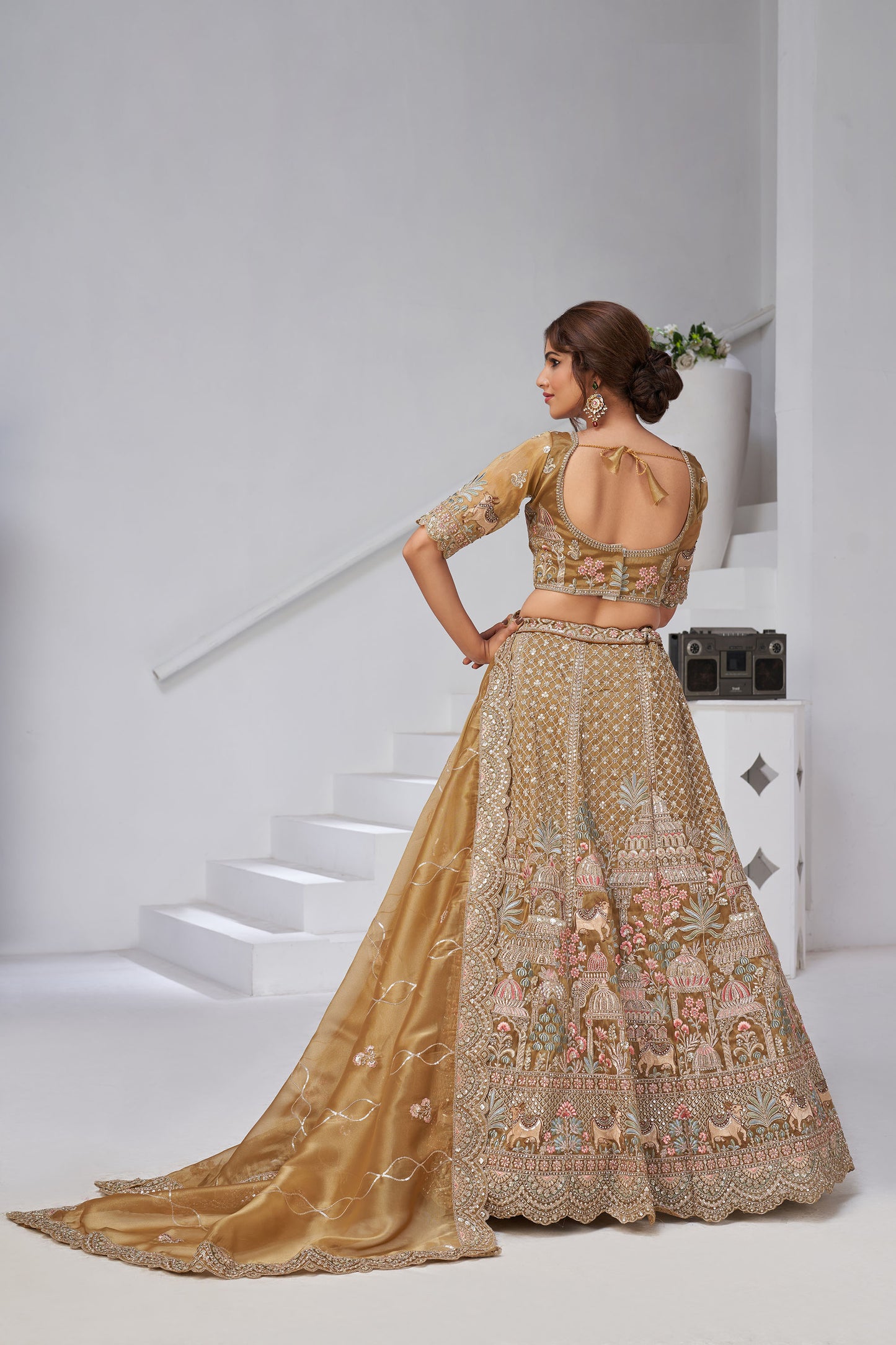 Mehendi Green Organza Zari & Resham Embroidery with Cow Motifs Lehenga for Bride