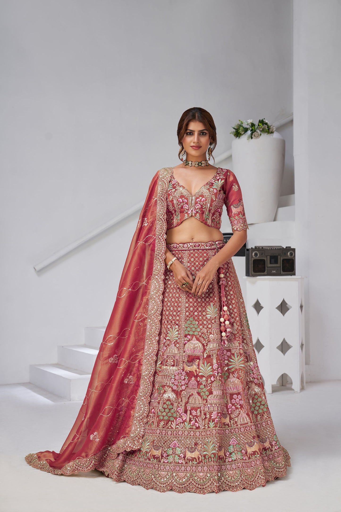 Dark Pink Organza Zari & Floral Embroidered Bridal Lehenga