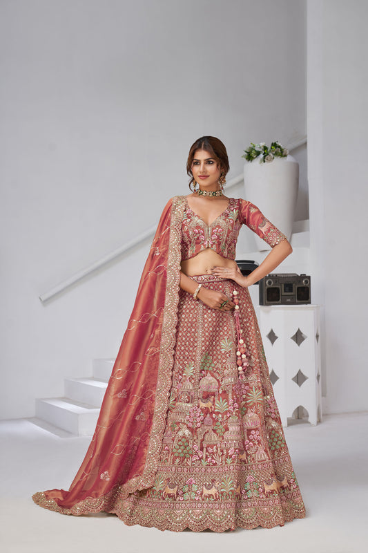 Dark Pink Organza Zari & Floral Embroidered Bridal Lehenga