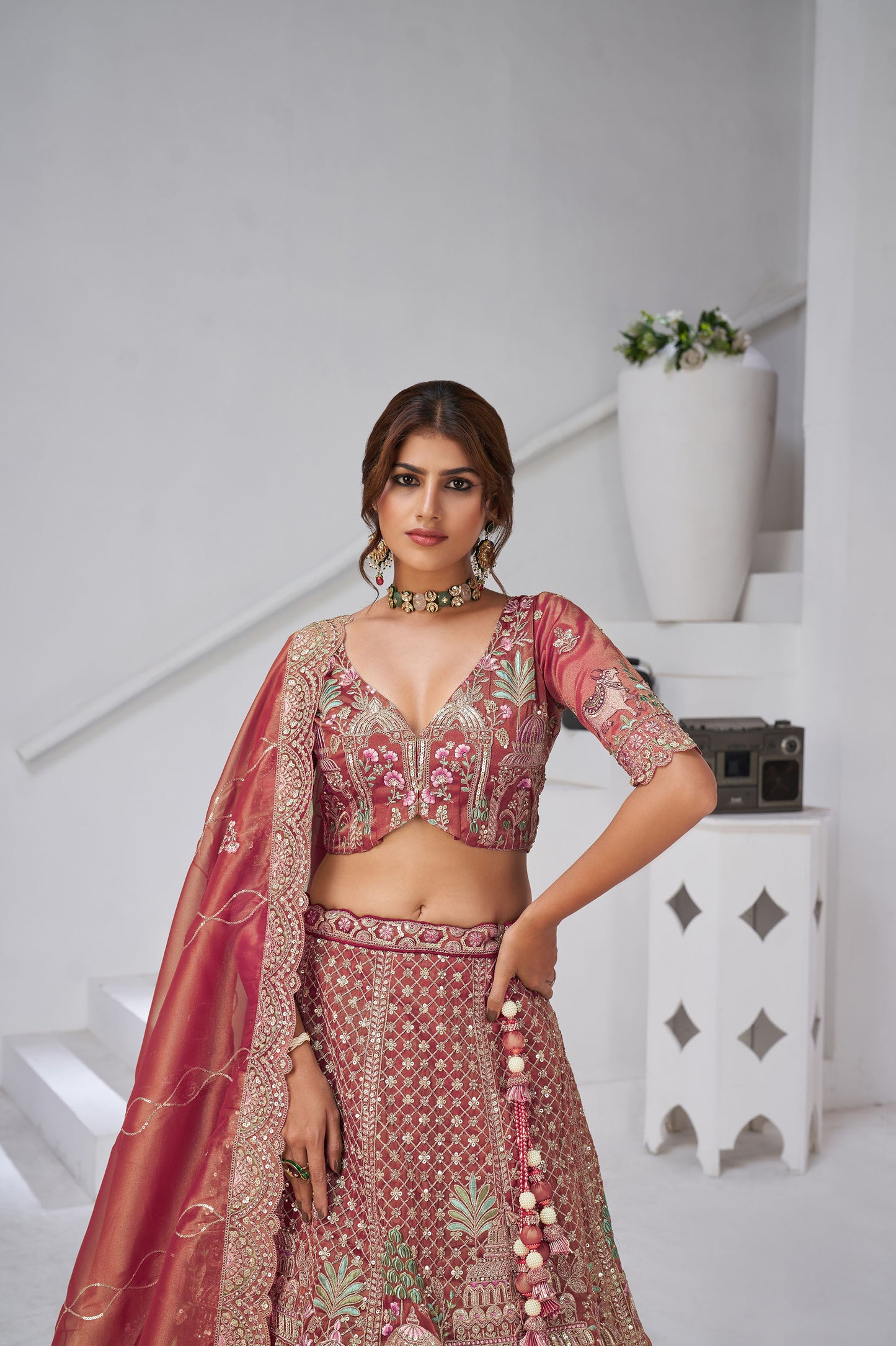 Dark Pink Organza Zari & Floral Embroidered Bridal Lehenga