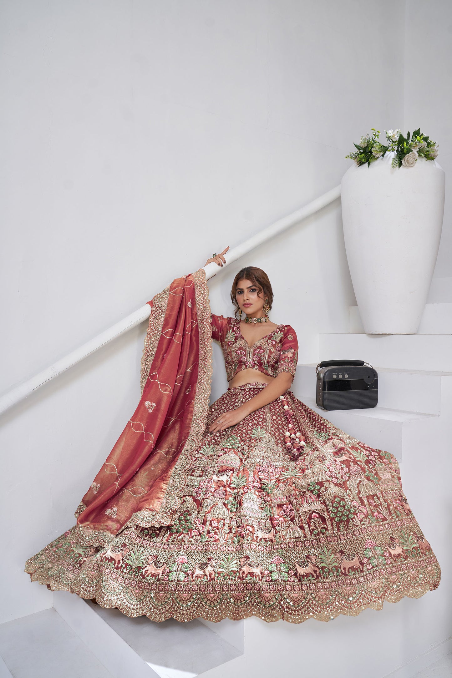Dark Pink Organza Zari & Floral Embroidered Bridal Lehenga