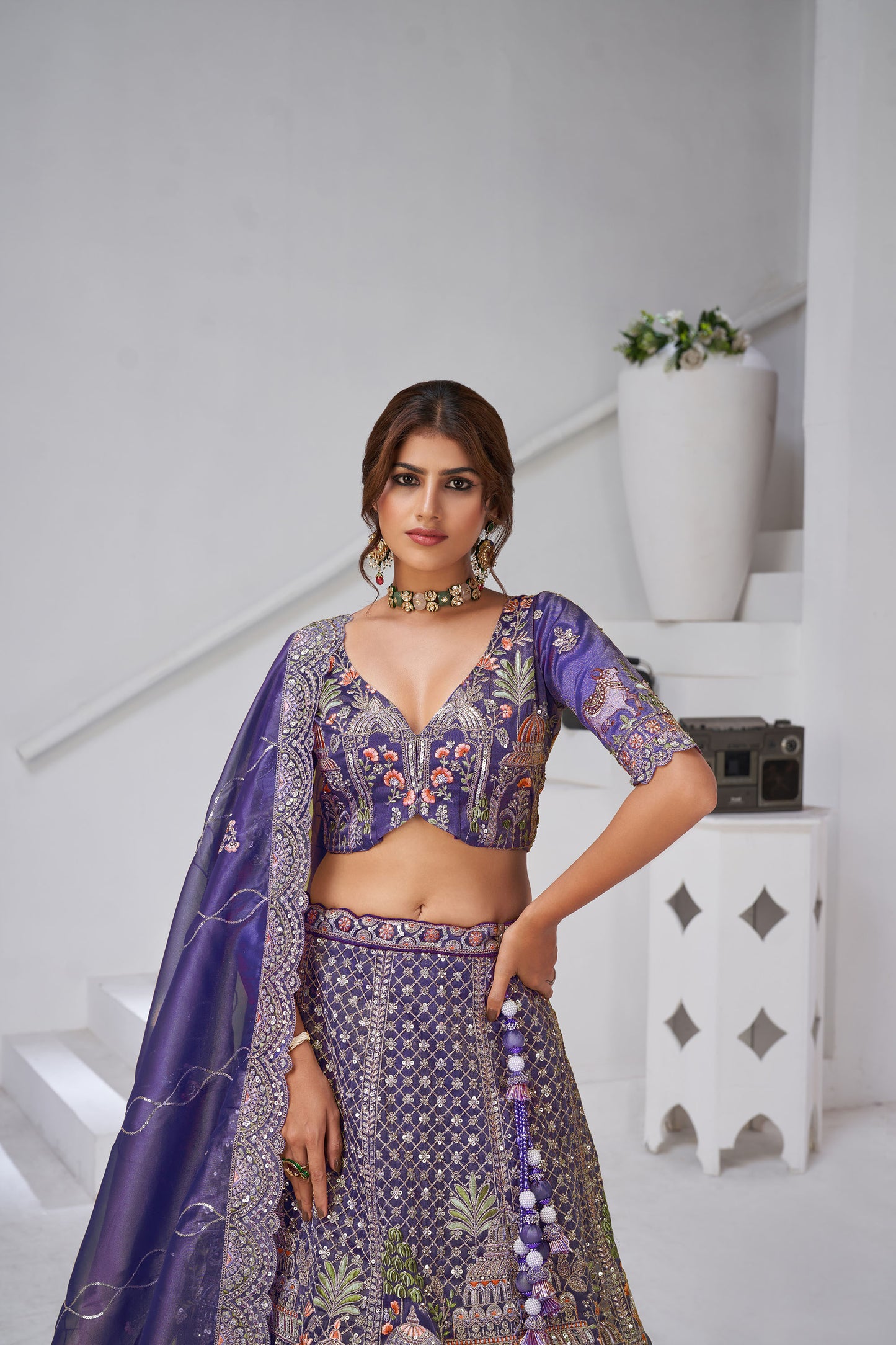 Purple Organza Zari & Floral Embroidered Bridal Lehenga