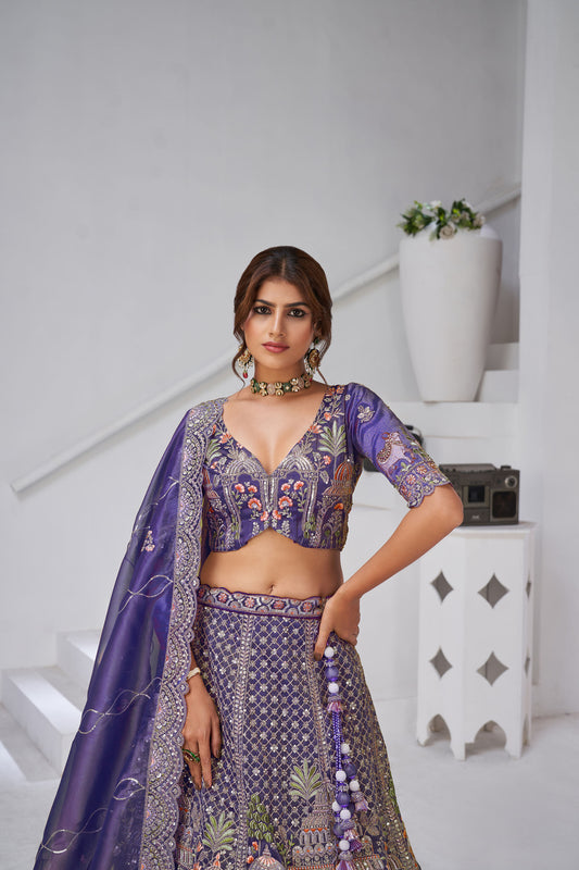 Purple Organza Zari & Floral Embroidered Bridal Lehenga