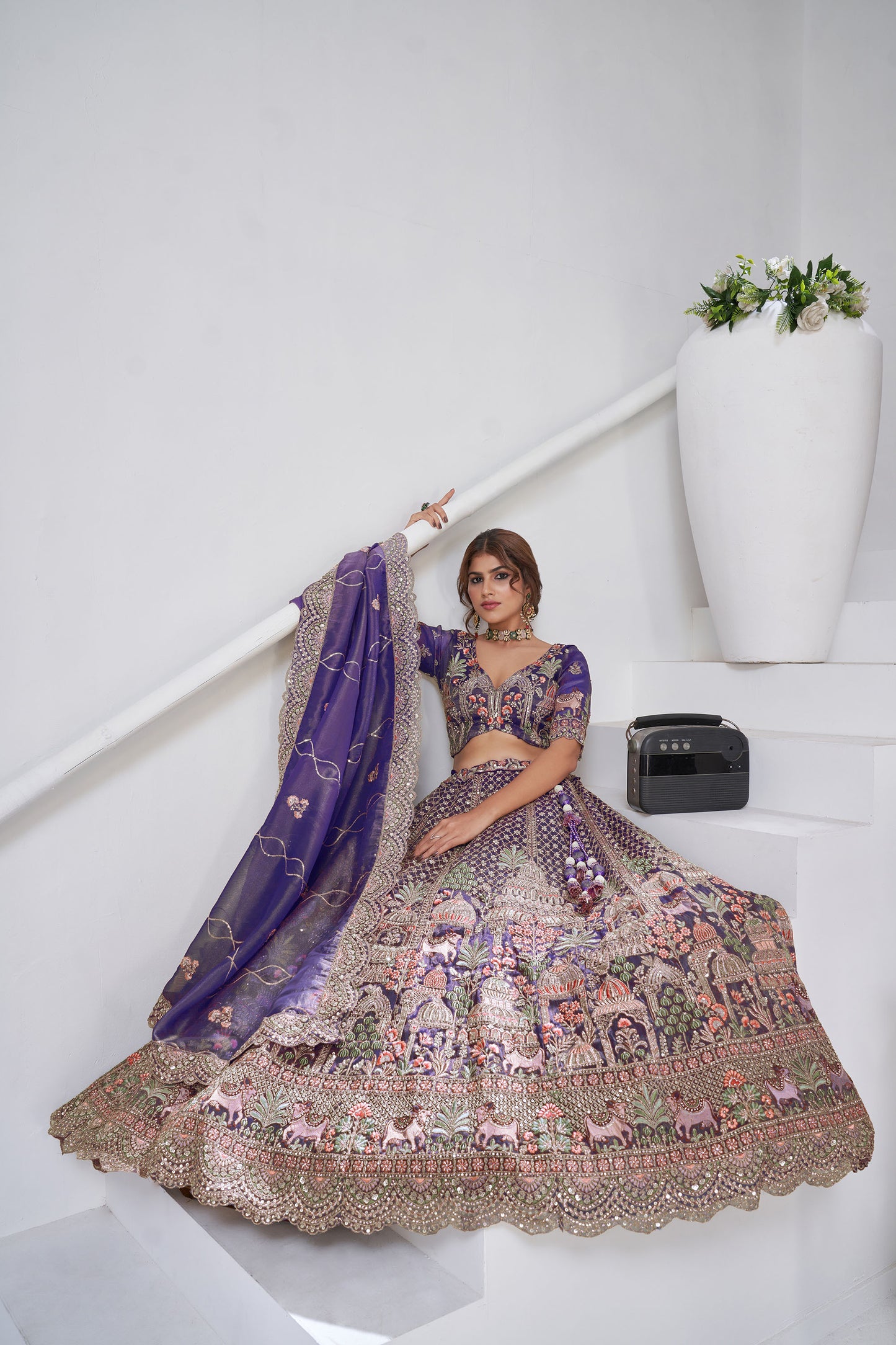 Purple Organza Zari & Floral Embroidered Bridal Lehenga