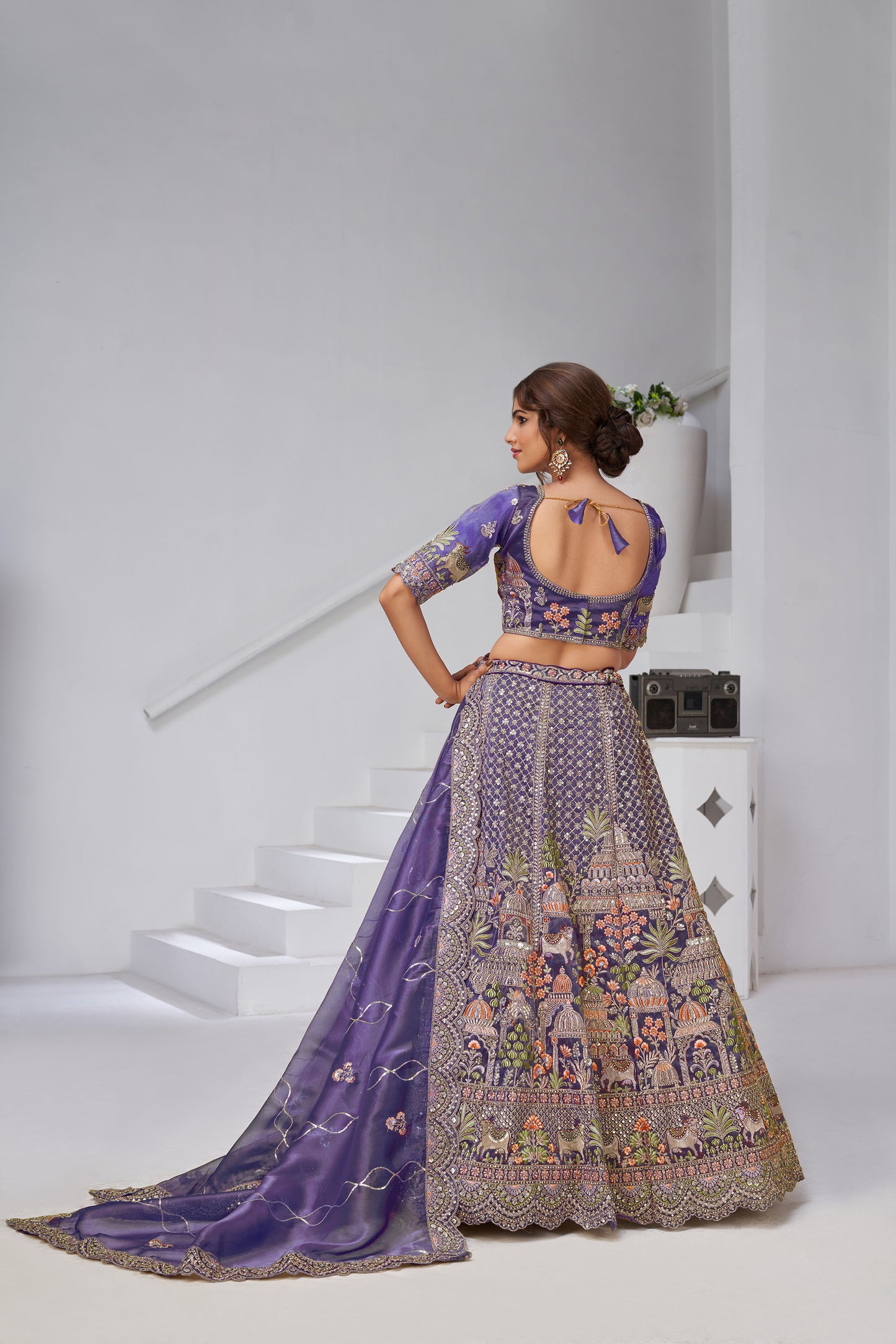 Purple Organza Zari & Floral Embroidered Bridal Lehenga