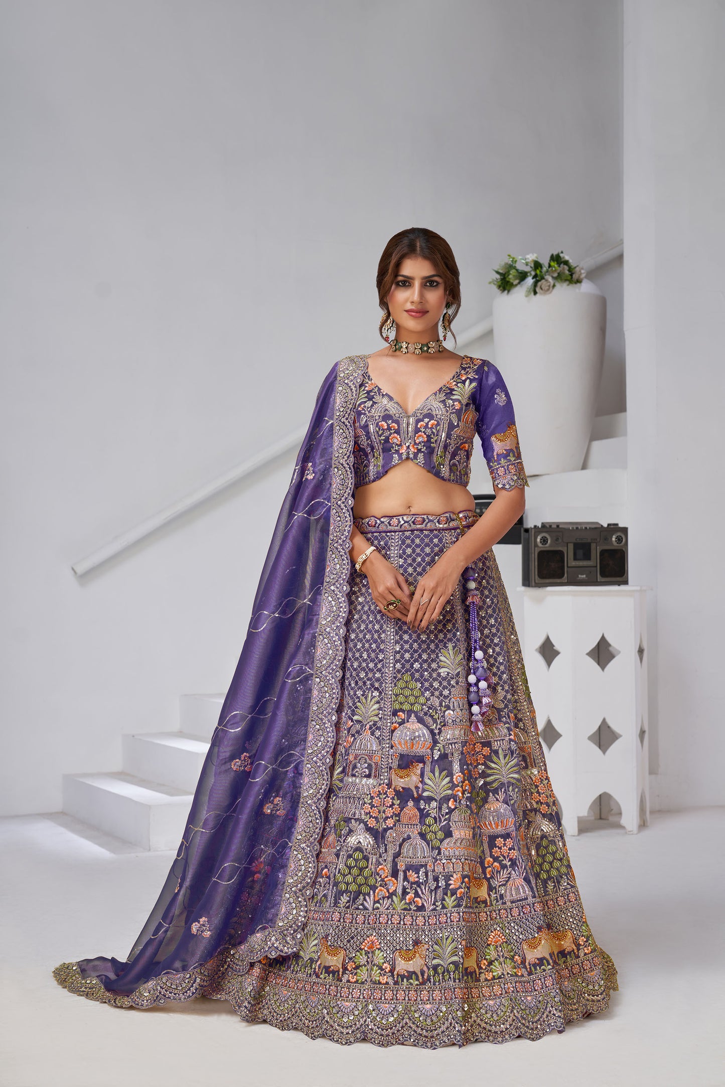 Purple Organza Zari & Floral Embroidered Bridal Lehenga
