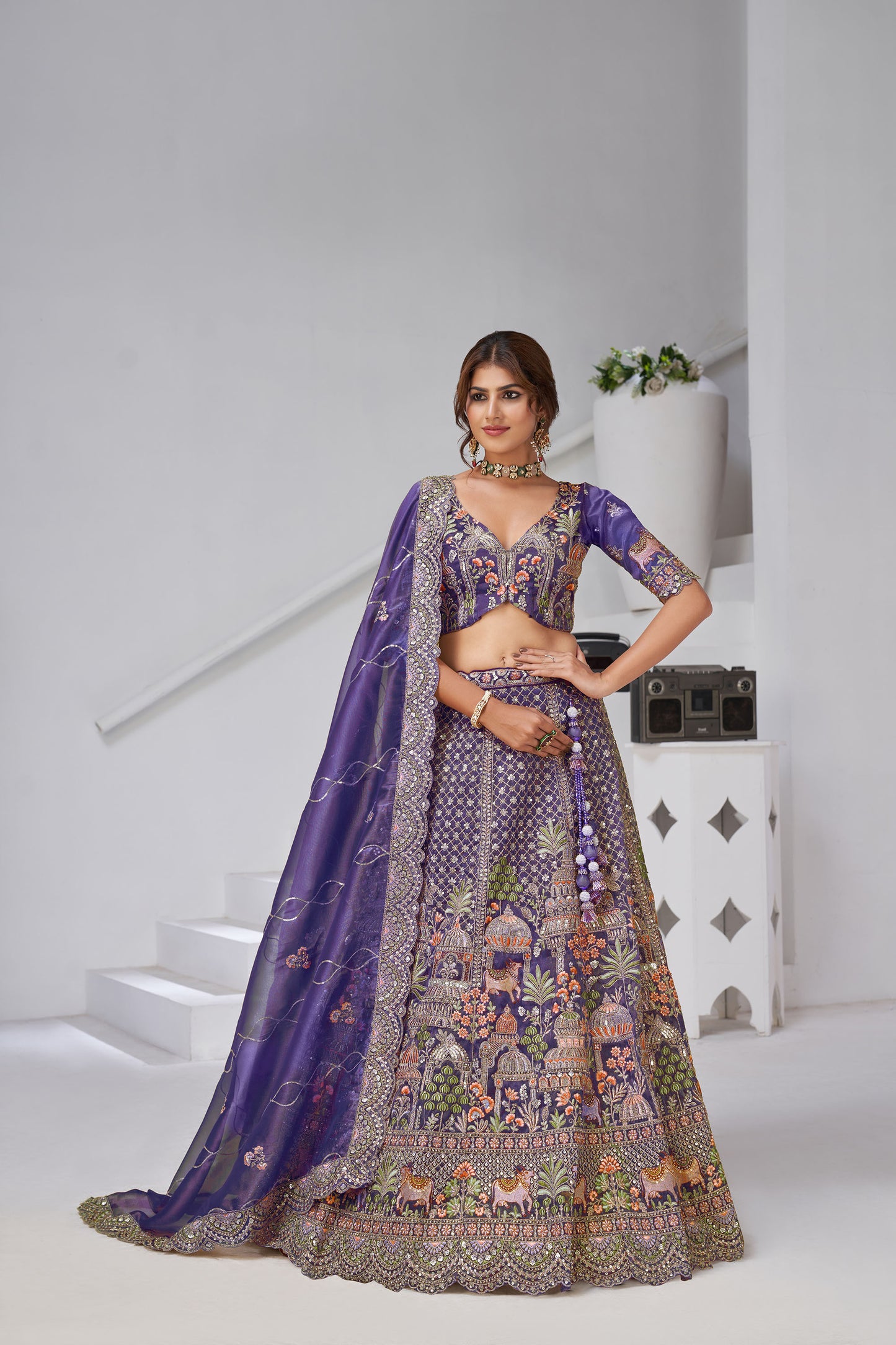 Purple Organza Zari & Floral Embroidered Bridal Lehenga