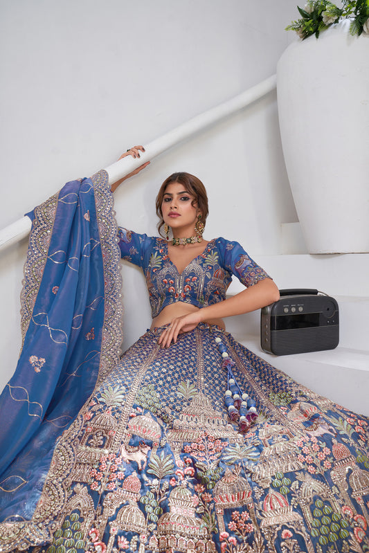 Teal Blue  Organza Zari & Floral Embroidered Bridal Lehenga