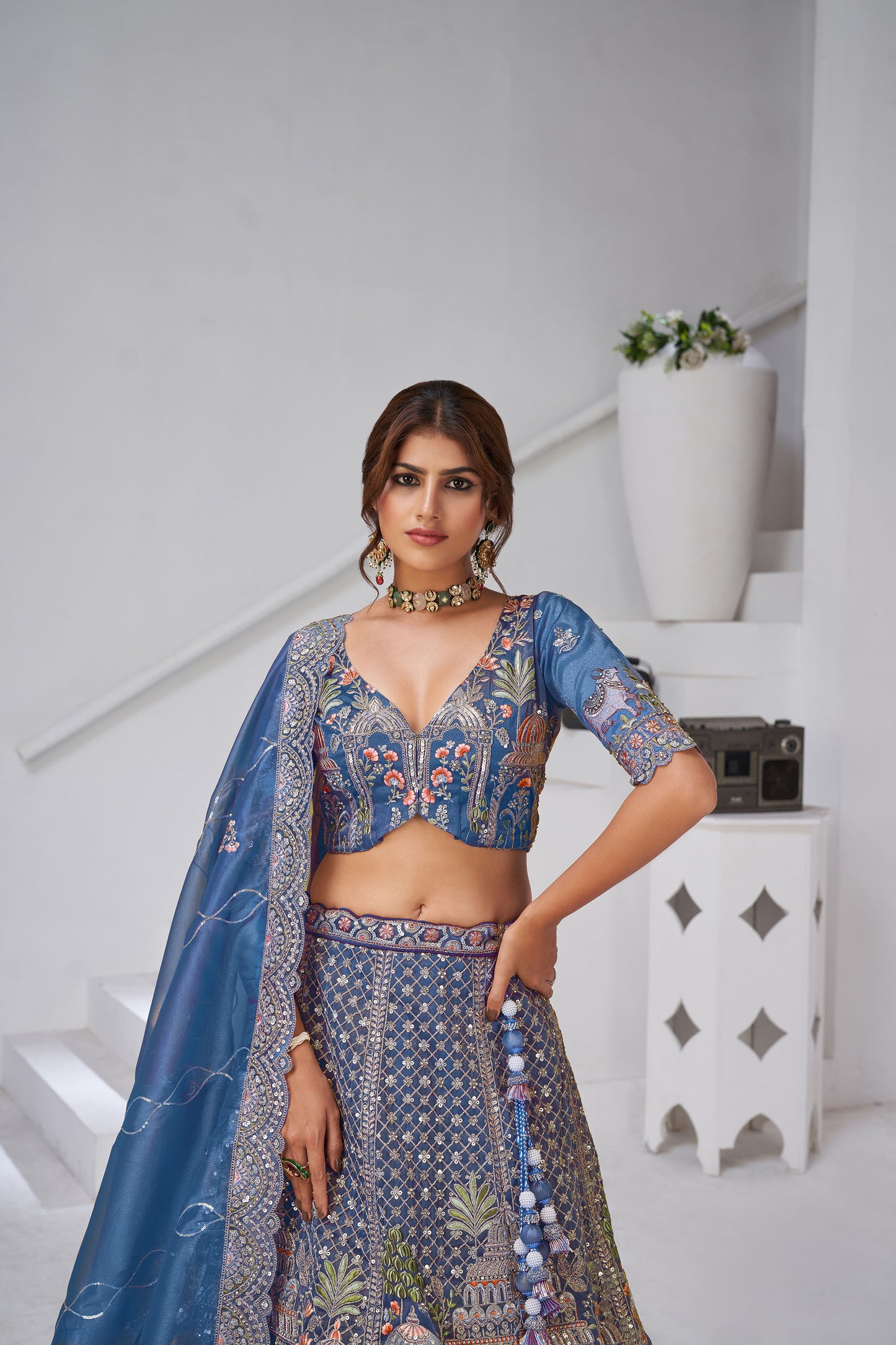 Teal Blue  Organza Zari & Floral Embroidered Bridal Lehenga
