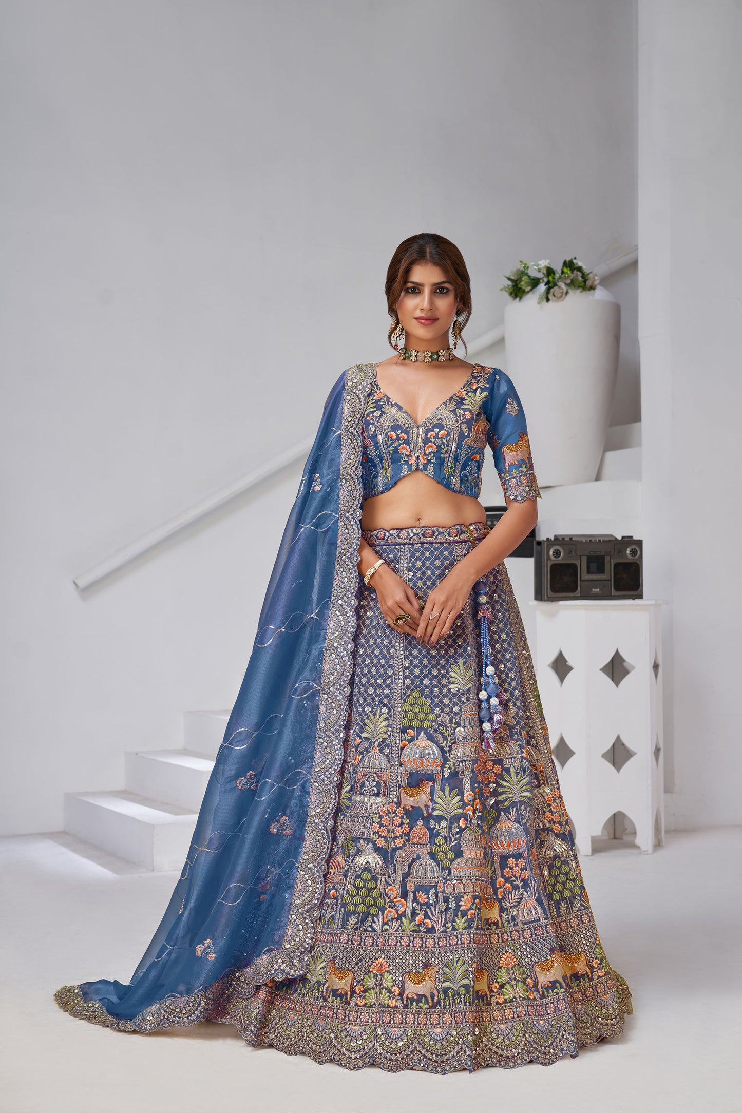 Teal Blue  Organza Zari & Floral Embroidered Bridal Lehenga