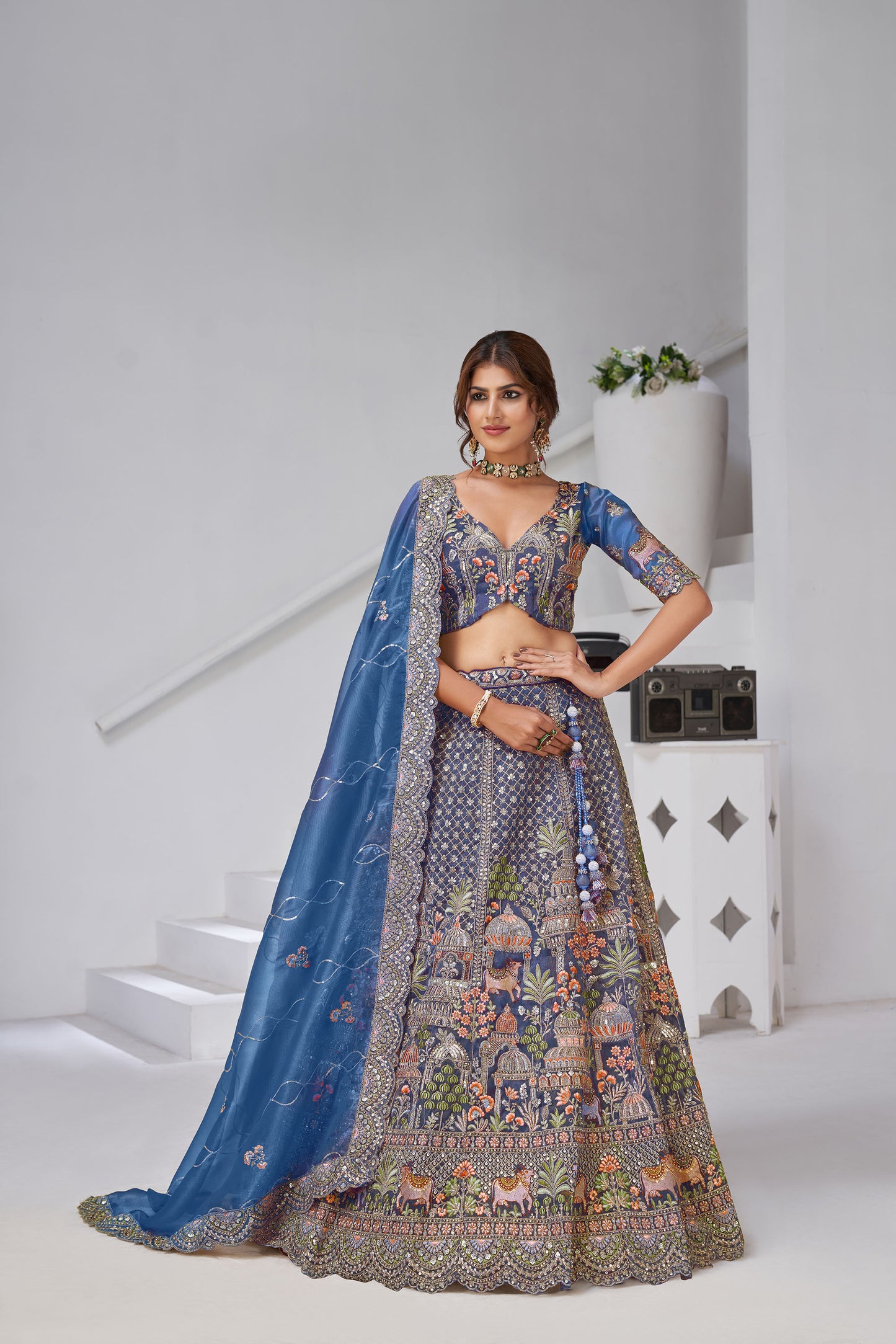 Teal Blue  Organza Zari & Floral Embroidered Bridal Lehenga