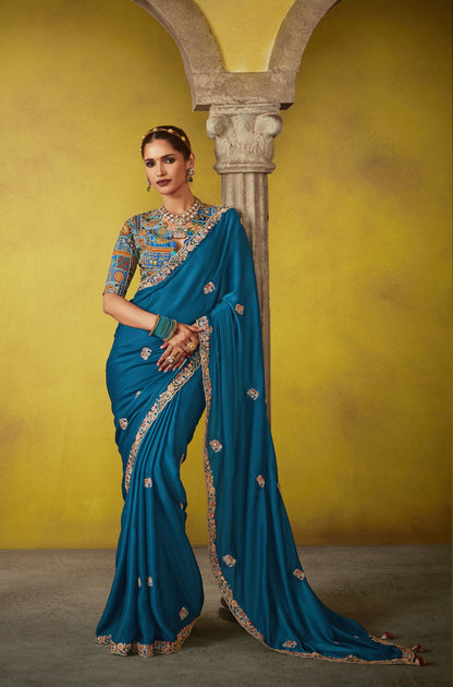 Teal Blue Glass Tissue Dhaga & Thread Embroidered Divani Saree