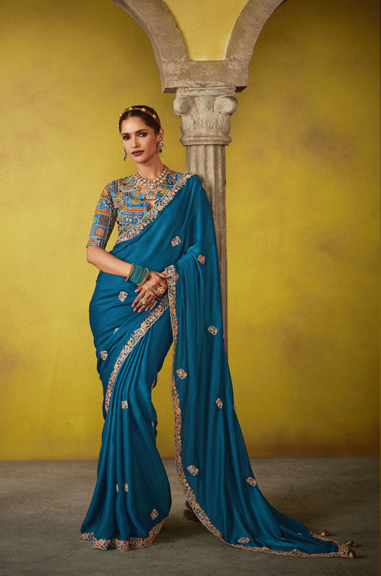 Teal Blue Glass Tissue Dhaga & Thread Embroidered Divani Saree
