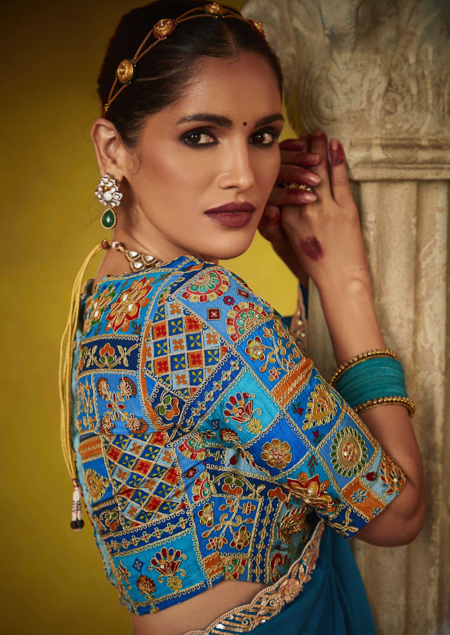 Teal Blue Glass Tissue Dhaga & Thread Embroidered Divani Saree