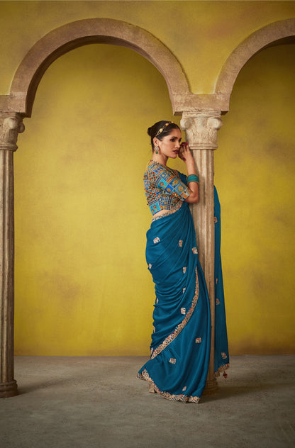 Teal Blue Glass Tissue Dhaga & Thread Embroidered Divani Saree