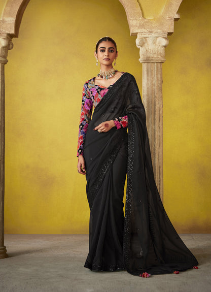 Black Glass Tissue Dhaga & Thread Embroidered Divani Saree