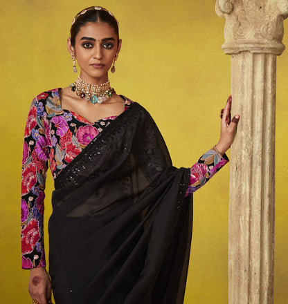 Black Glass Tissue Dhaga & Thread Embroidered Divani Saree