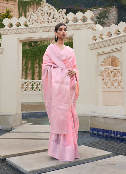 Light Pink Kevaah Linen Woven Saree