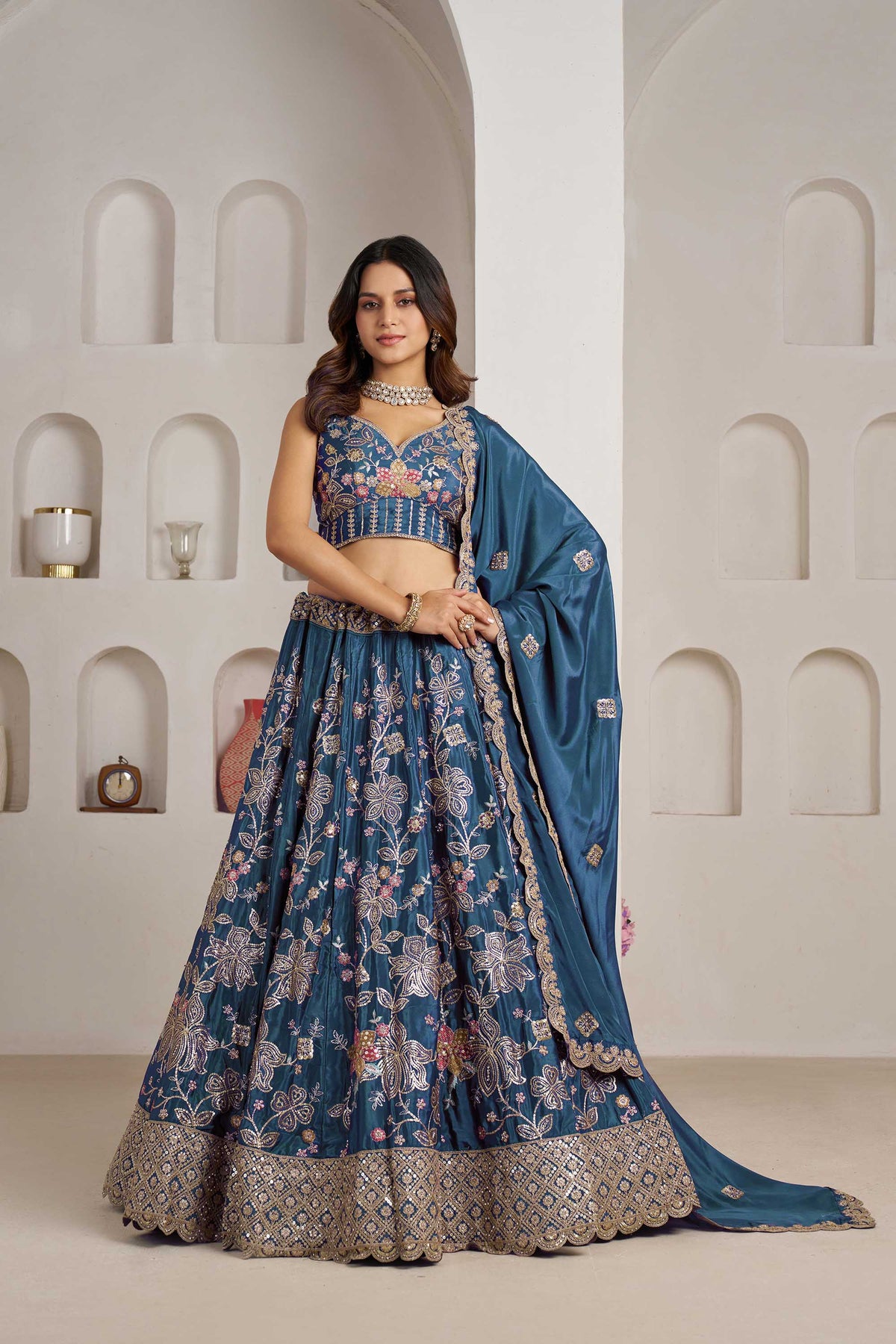 Sky Blue Crepe Silk Sequins Work & Floral Motifs Bridesmaid Lehenga