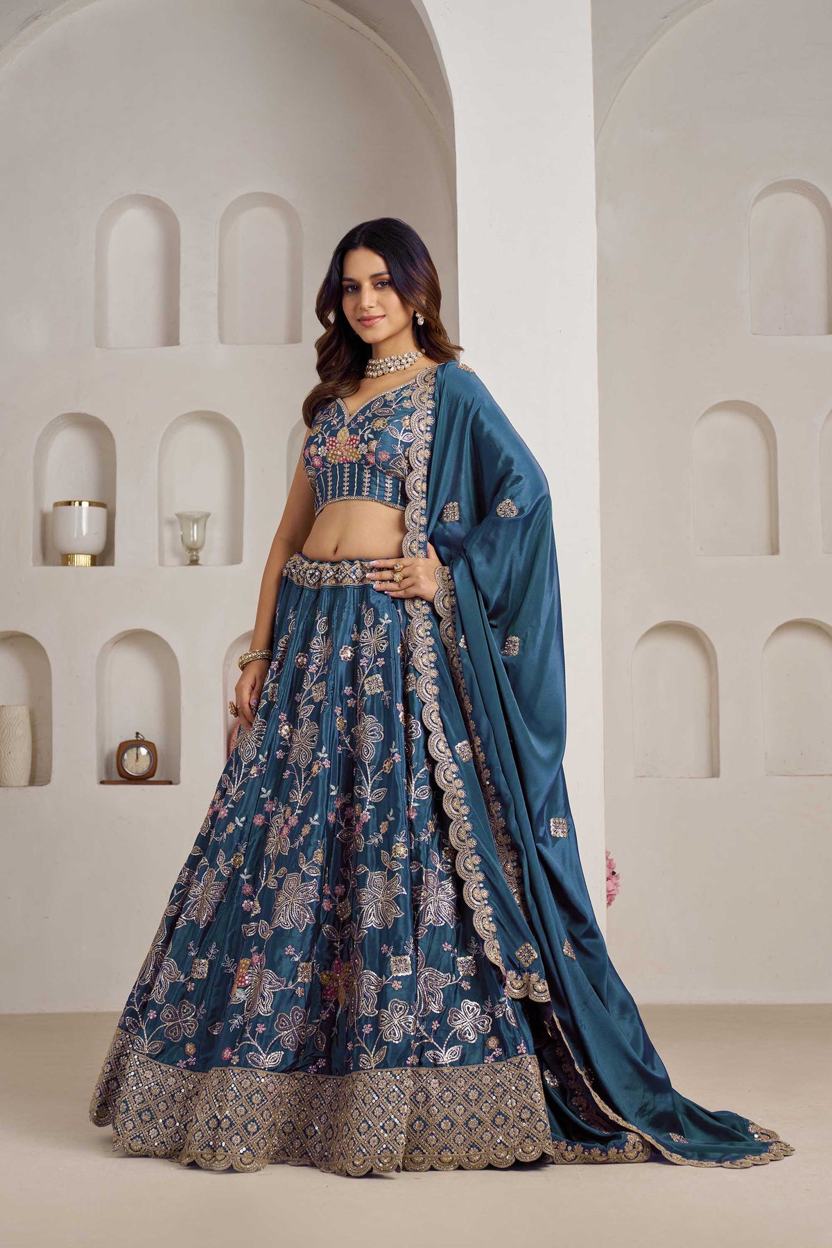 Sky Blue Crepe Silk Sequins Work & Floral Motifs Bridesmaid Lehenga