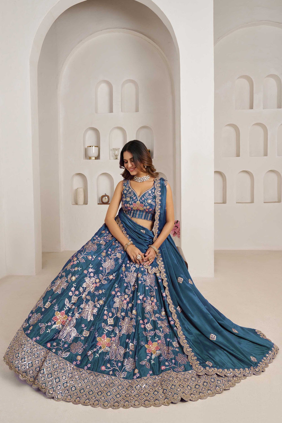 Sky Blue Crepe Silk Sequins Work & Floral Motifs Bridesmaid Lehenga