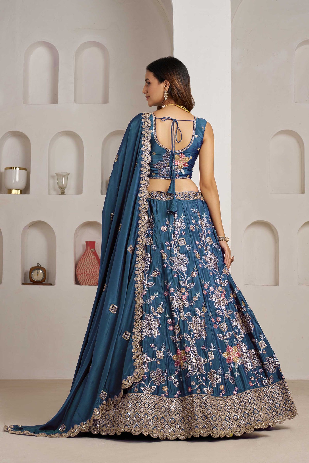 Sky Blue Crepe Silk Sequins Work & Floral Motifs Bridesmaid Lehenga