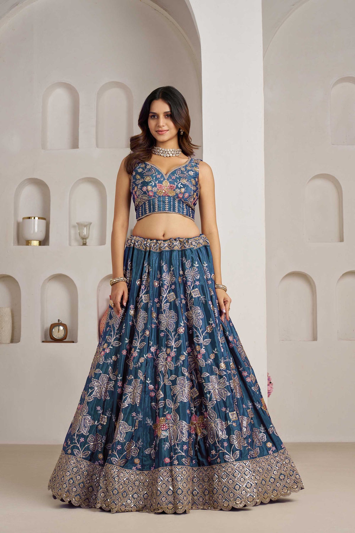 Sky Blue Crepe Silk Sequins Work & Floral Motifs Bridesmaid Lehenga